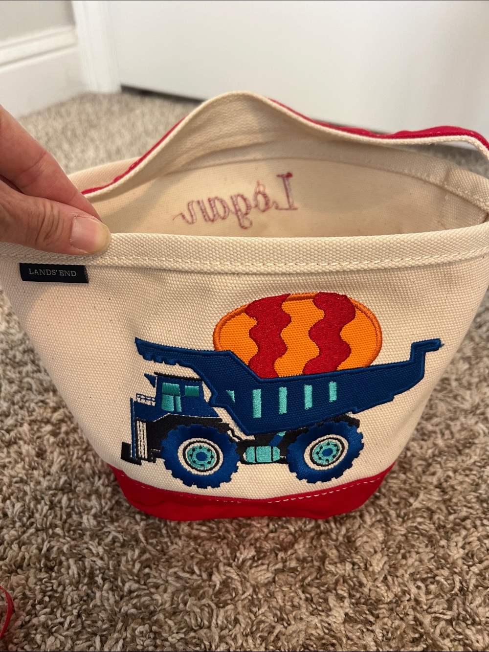 Land's End Easter Basket for Boy- Dump truck with egg - Personalized- Logan - Picture 2 of 12